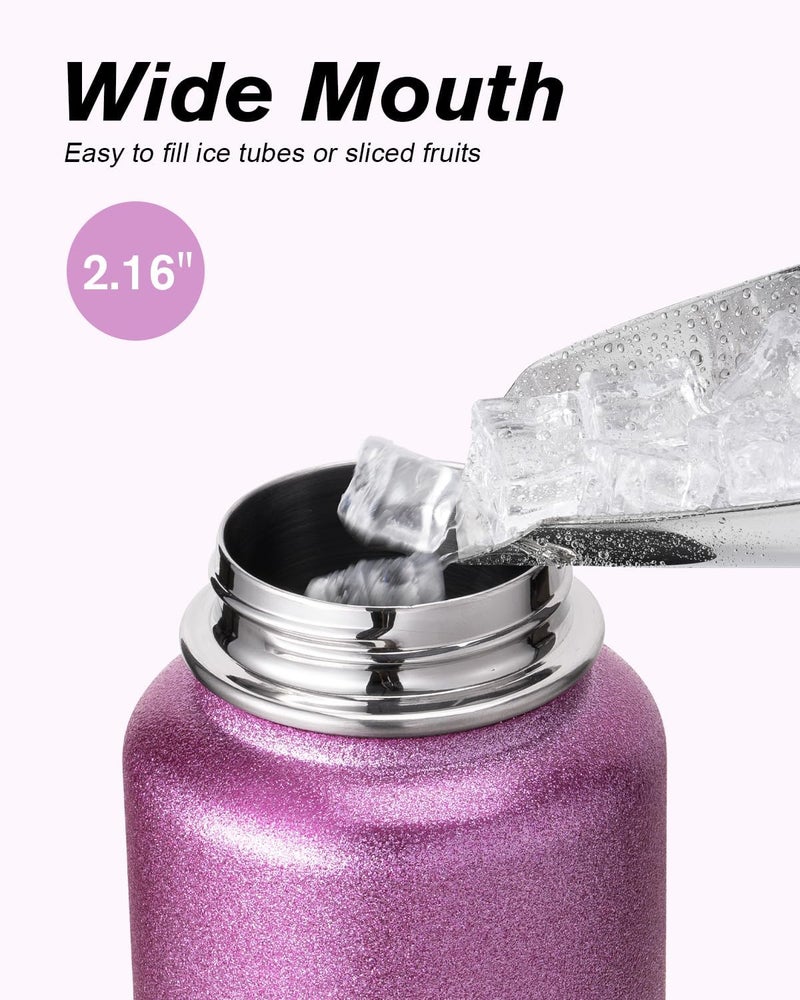Coolflask Water Bottle 1 L Insulated with Straw, Stainless Steel Metal 3 Lids Water Flask Wide Mouth for Sports or Office, Non-BPA Keep Cold Up to 48 Hrs or Hot Up to 24 Hrs, Glitter Pink - Image 4