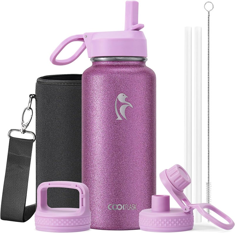 Coolflask Water Bottle 1 L Insulated with Straw, Stainless Steel Metal 3 Lids Water Flask Wide Mouth for Sports or Office, Non-BPA Keep Cold Up to 48 Hrs or Hot Up to 24 Hrs, Glitter Pink - Image 1