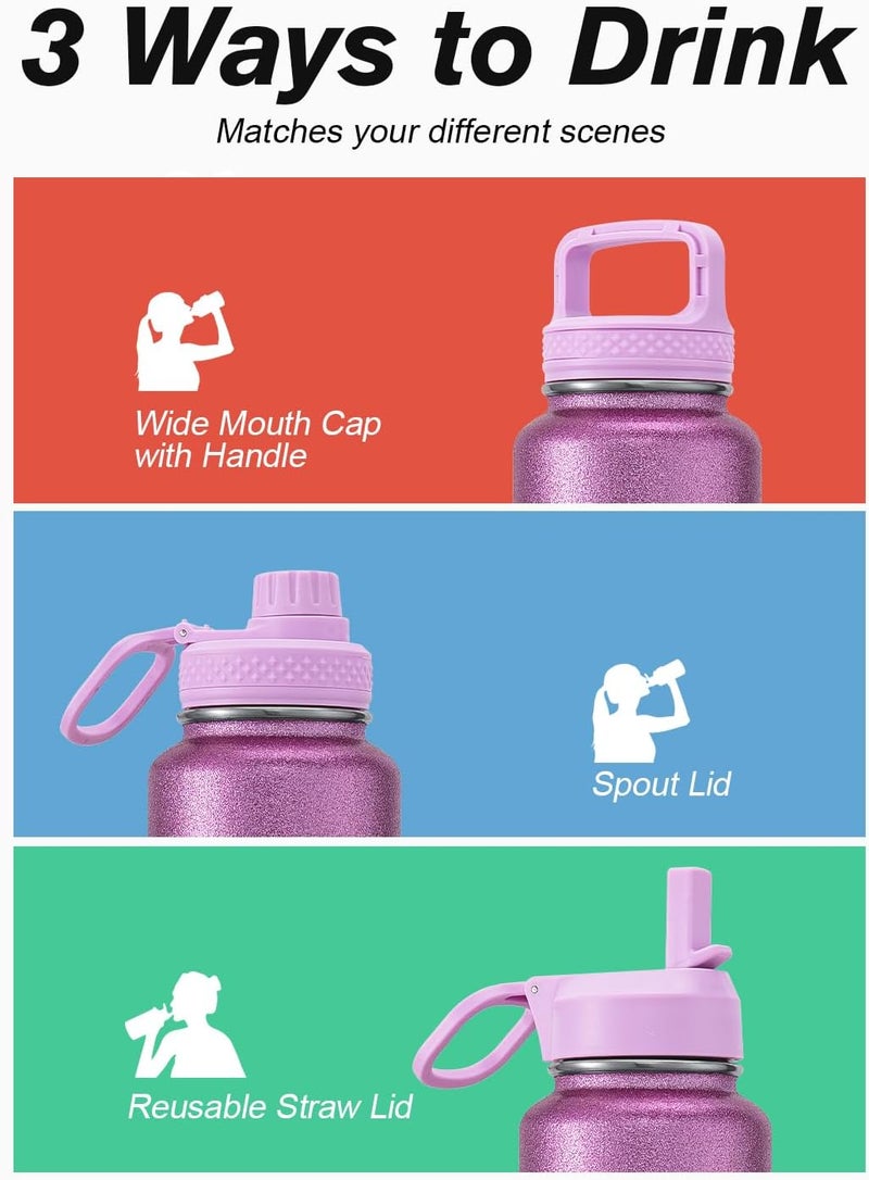 Coolflask Water Bottle 1 L Insulated with Straw, Stainless Steel Metal 3 Lids Water Flask Wide Mouth for Sports or Office, Non-BPA Keep Cold Up to 48 Hrs or Hot Up to 24 Hrs, Glitter Pink - Image 5