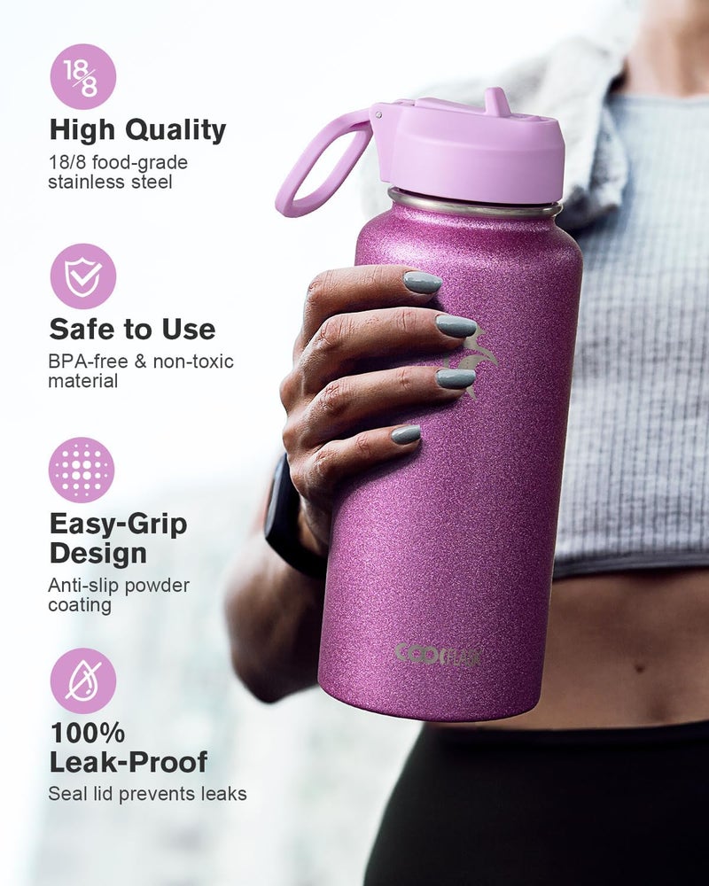 Coolflask Water Bottle 1 L Insulated with Straw, Stainless Steel Metal 3 Lids Water Flask Wide Mouth for Sports or Office, Non-BPA Keep Cold Up to 48 Hrs or Hot Up to 24 Hrs, Glitter Pink - Image 3