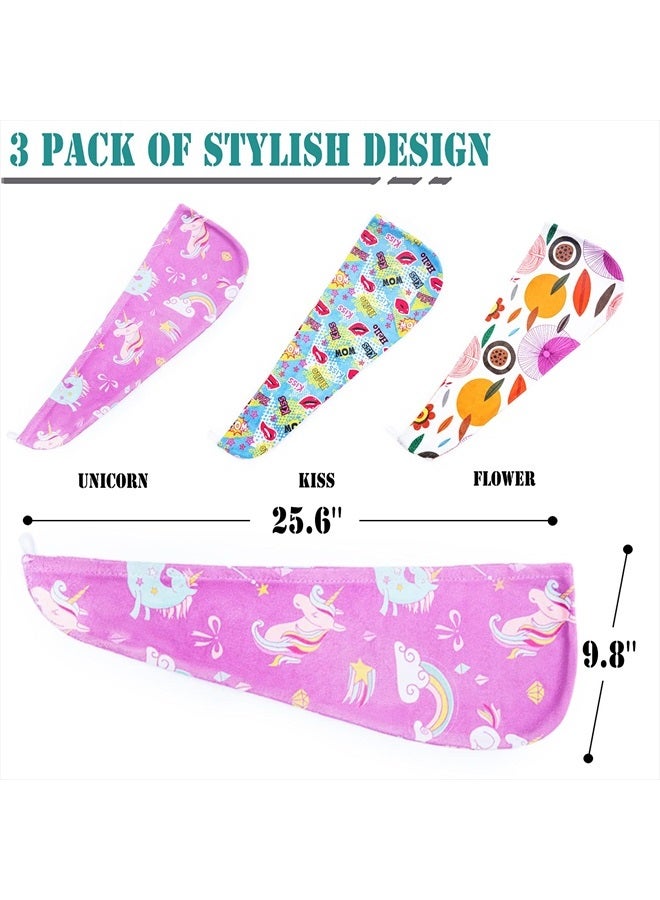 ELLEWIN Microfiber Hair Drying Towels for Kids, 3 Pack Unicorn Wet Hair Towel Wrap Turban for Girls Children Women, Quick Dry Twisty Hair Towels Wrap for Curly Long Thick Hair Anti Frizz - Image 3