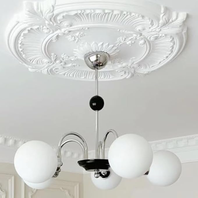 PU CEILING MEDALLION 12 INCH OD X 3.9 INCH ID, LIGHTING CEILING COVER PLATE CEILING FAN MEDALLION, VINTAGE CARVED FLOWER PU CEILING MEDALLION WHITE - Image 2