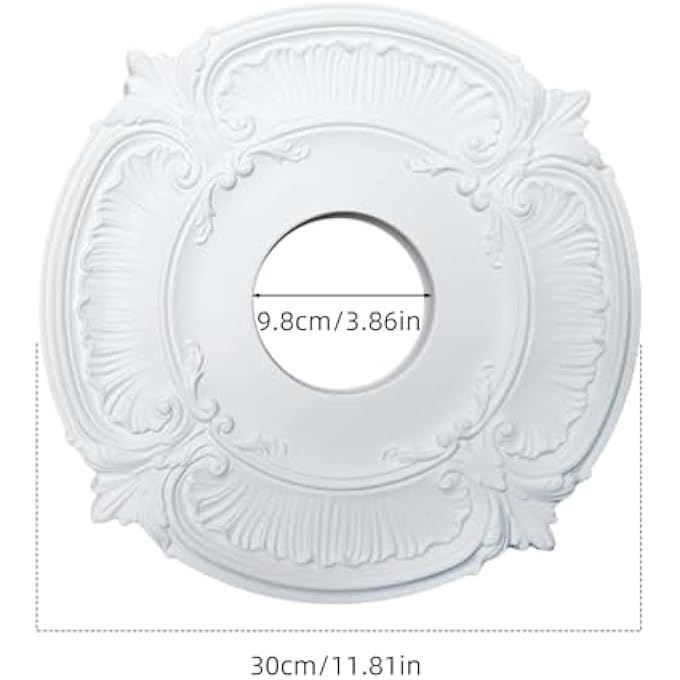 PU CEILING MEDALLION 12 INCH OD X 3.9 INCH ID, LIGHTING CEILING COVER PLATE CEILING FAN MEDALLION, VINTAGE CARVED FLOWER PU CEILING MEDALLION WHITE - Image 3