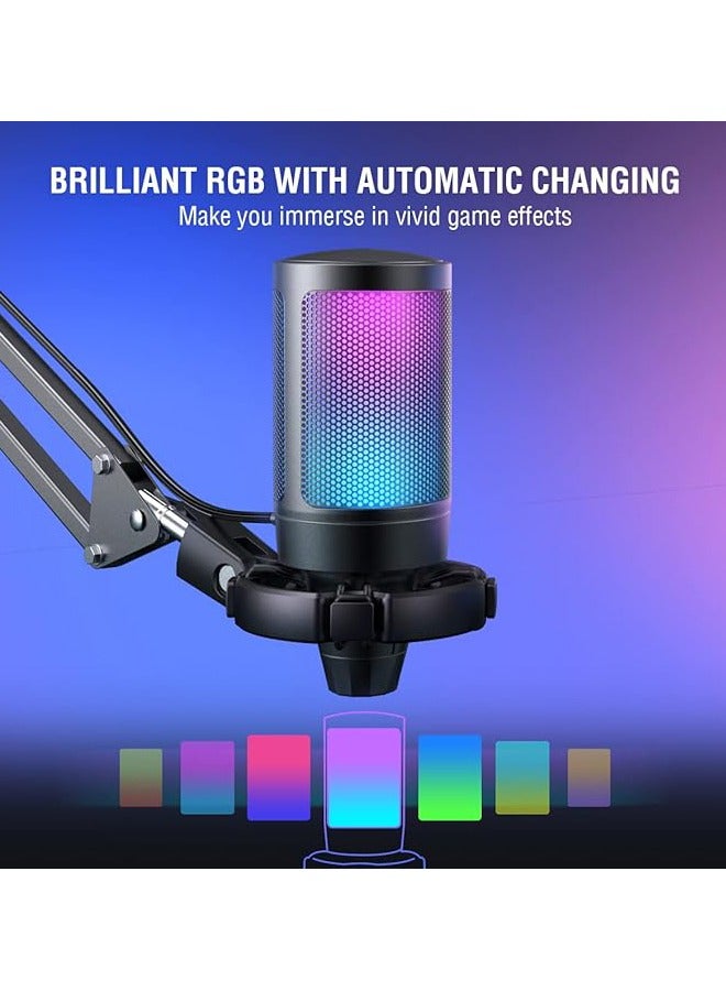 Gaming PC USB Microphone, Podcast Condenser Mic with Boom Arm, Pop Filter, Mute on for Streaming, Twitch, Online Chat, RGB Computer Mic for PS4/5 PC Gamer Youtuber-AmpliGame A6T - Image 3