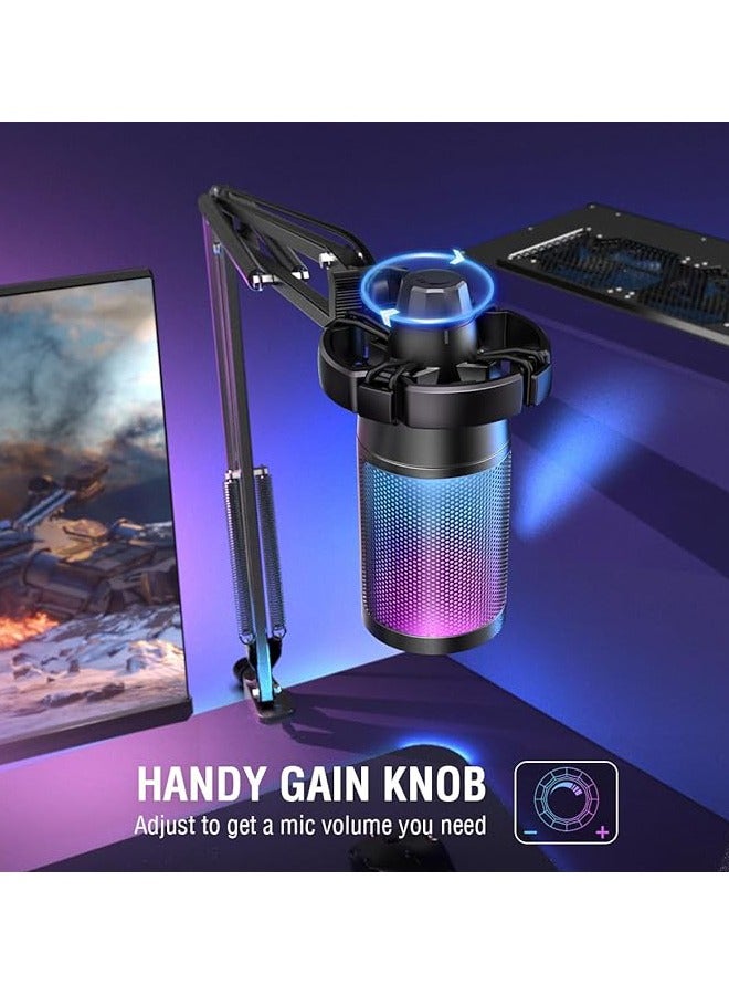 Gaming PC USB Microphone, Podcast Condenser Mic with Boom Arm, Pop Filter, Mute on for Streaming, Twitch, Online Chat, RGB Computer Mic for PS4/5 PC Gamer Youtuber-AmpliGame A6T - Image 4