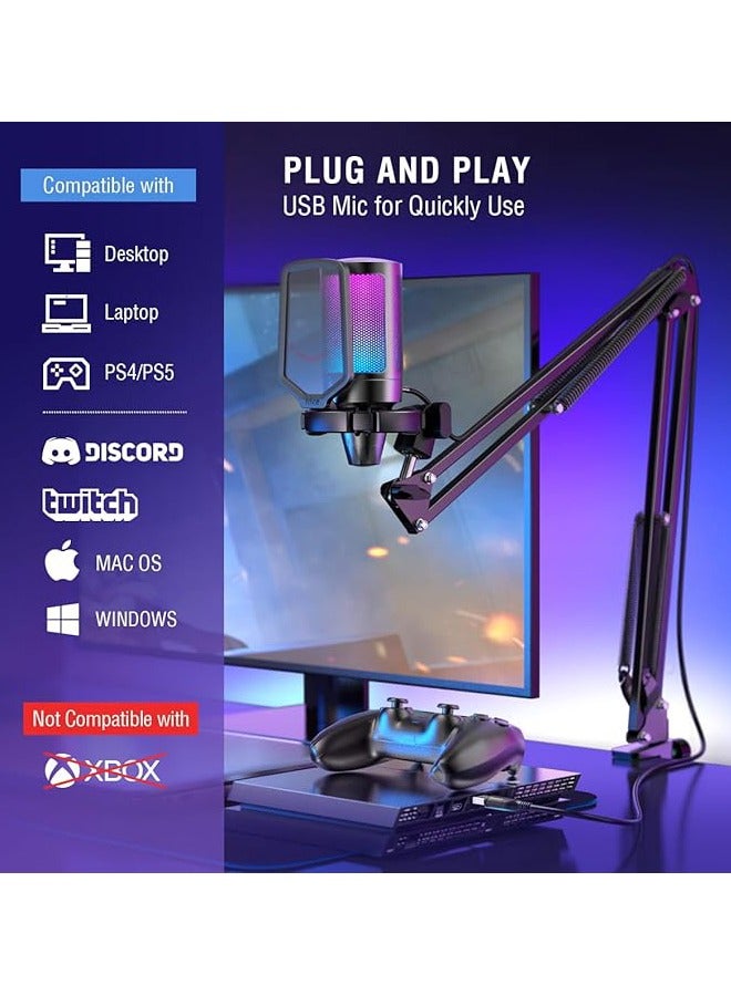 Gaming PC USB Microphone, Podcast Condenser Mic with Boom Arm, Pop Filter, Mute on for Streaming, Twitch, Online Chat, RGB Computer Mic for PS4/5 PC Gamer Youtuber-AmpliGame A6T - Image 5