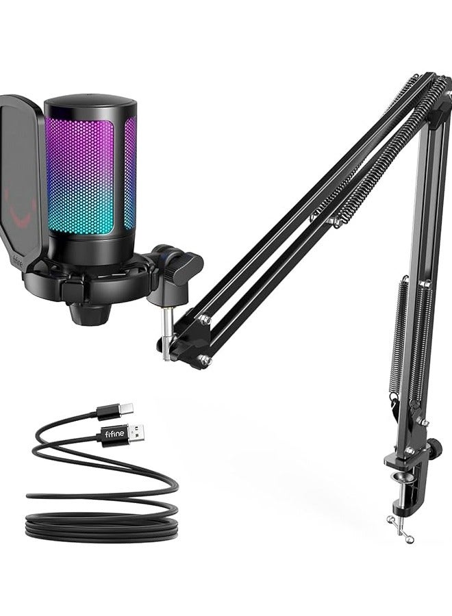 Gaming PC USB Microphone, Podcast Condenser Mic with Boom Arm, Pop Filter, Mute on for Streaming, Twitch, Online Chat, RGB Computer Mic for PS4/5 PC Gamer Youtuber-AmpliGame A6T - Image 1