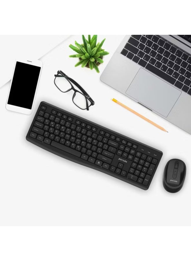 porodo Dual Mode Wireless Keyboard & Mouse Set with Bluetooth Connection, Wireless 2.4GHz Connectivity, 104 Keys, 4 Mouse Buttons, Arabic & English Layout - Black - Image 4