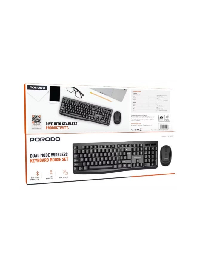 porodo Dual Mode Wireless Keyboard & Mouse Set with Bluetooth Connection, Wireless 2.4GHz Connectivity, 104 Keys, 4 Mouse Buttons, Arabic & English Layout - Black - Image 5