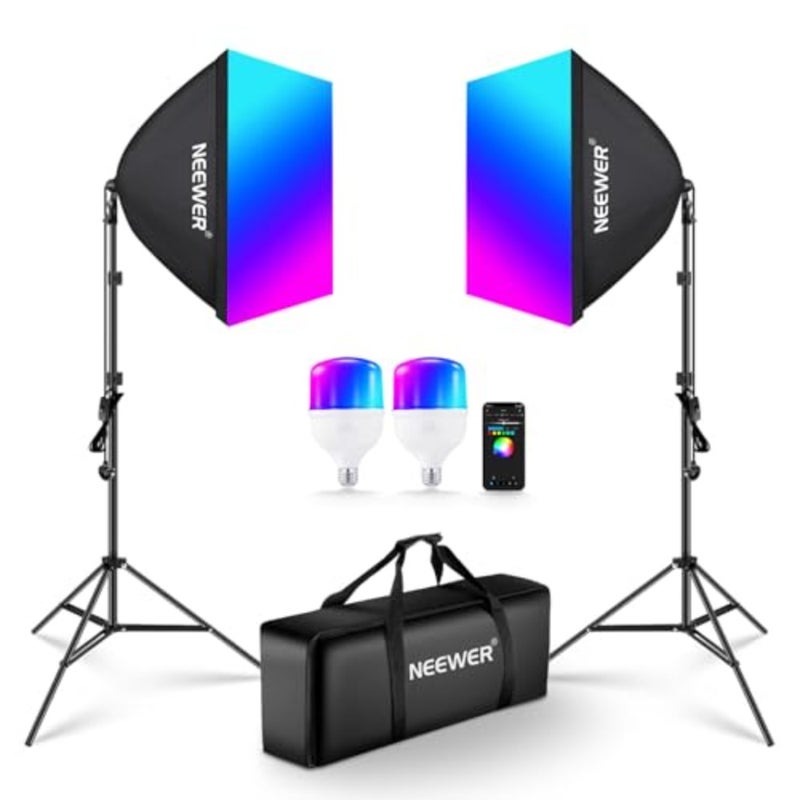 إضاءة التصوير الفوتوغرافي في الاستوديو: مجموعة RGB Softbox مع التحكم في التطبيق، 9 تأثيرات، مصابيح LED 24 وات CE/UKCA CRI93+ TLCI98+، مقابس بورسلين E27، 24 صندوق سوفت بوكس، أبيض - Image 1