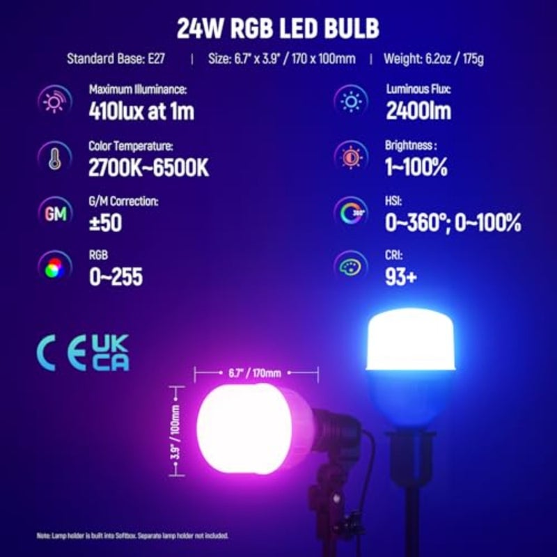 إضاءة التصوير الفوتوغرافي في الاستوديو: مجموعة RGB Softbox مع التحكم في التطبيق، 9 تأثيرات، مصابيح LED 24 وات CE/UKCA CRI93+ TLCI98+، مقابس بورسلين E27، 24 صندوق سوفت بوكس، أبيض - Image 2
