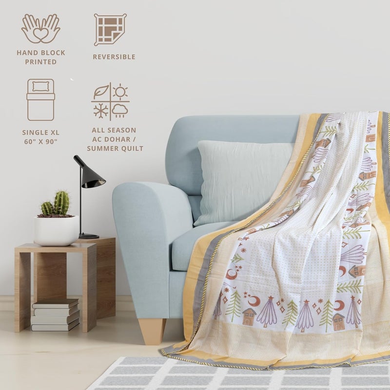 TOAIArt Kids Baby Jaipuri Dohar Quilt for Summer Hand Block Printed 3 Layers Reversible 100 Mulmul Cotton Flannel Filling Single Size 60 X 90 Polka Home White Yellow - Image 4