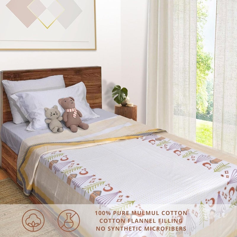 TOAIArt Kids Baby Jaipuri Dohar Quilt for Summer Hand Block Printed 3 Layers Reversible 100 Mulmul Cotton Flannel Filling Single Size 60 X 90 Polka Home White Yellow - Image 2