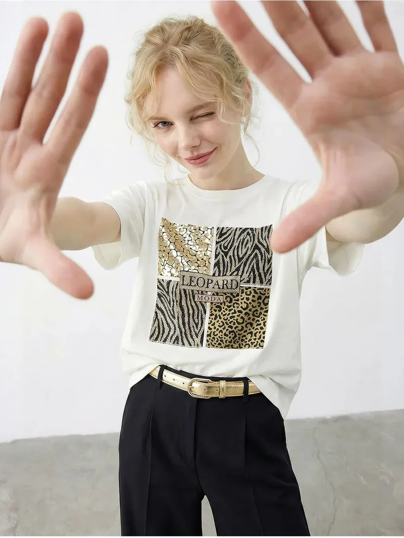 LUCCI Leopard Print Sequin Crew Neck T-Shirt