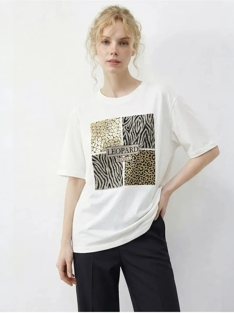 Bianco Lucci White LUCCI Leopard Print Sequin Crew Neck T-Shirt for Women | Best Price UAE