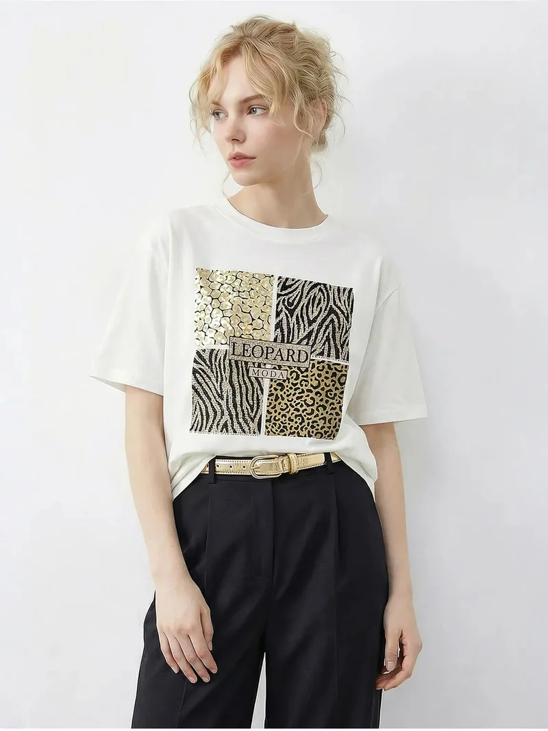 Bianco Lucci White LUCCI Leopard Print Sequin Crew Neck T-Shirt for Women | Best Price UAE