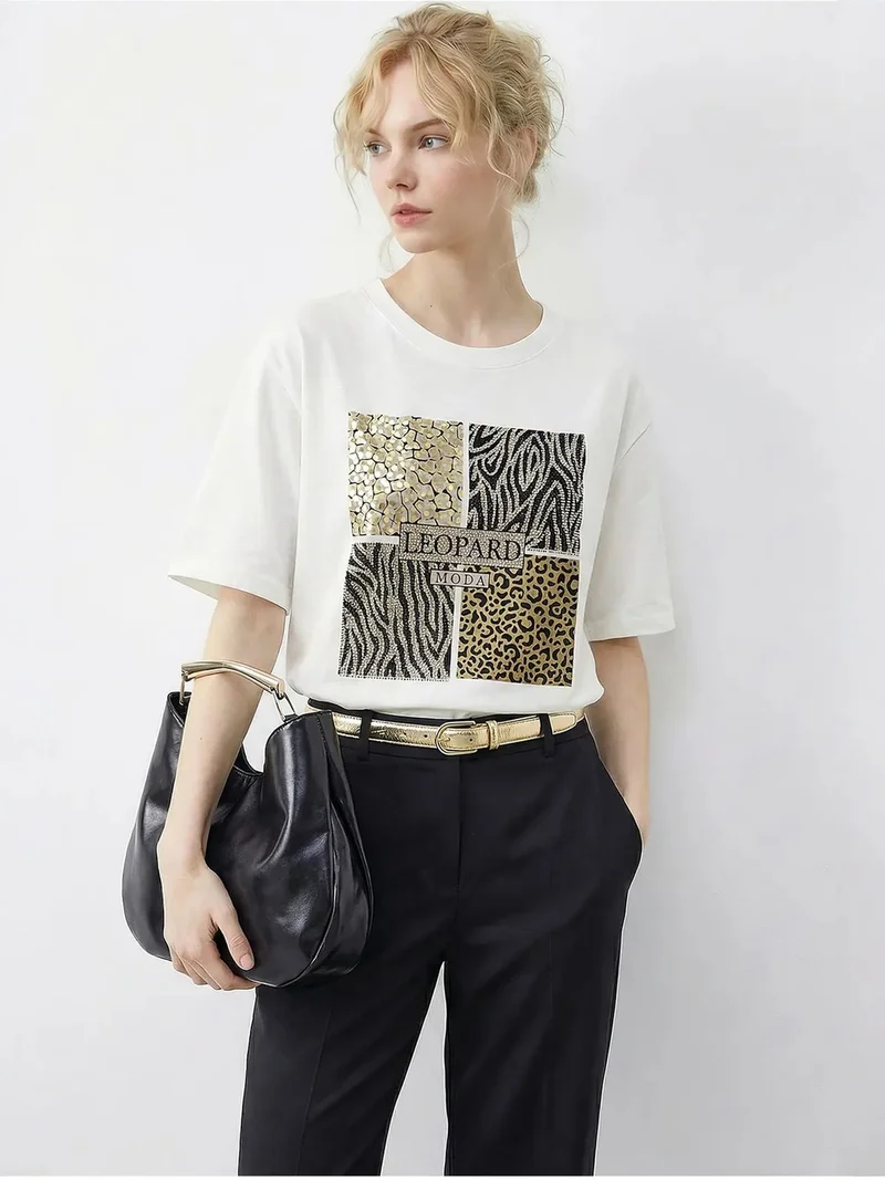 Bianco Lucci White LUCCI Leopard Print Sequin Crew Neck T-Shirt for Women | Best Price UAE
