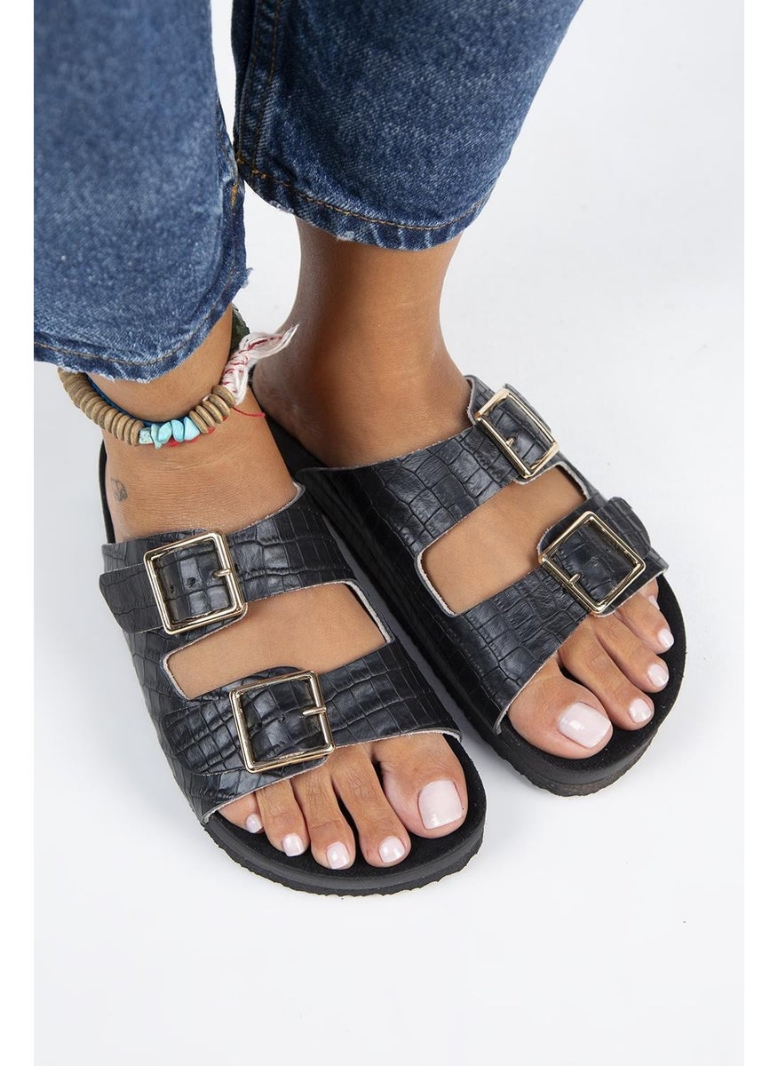 Manijero Anjelic Croco Women's Leather Double Buckled Black Slippers  - Image 3