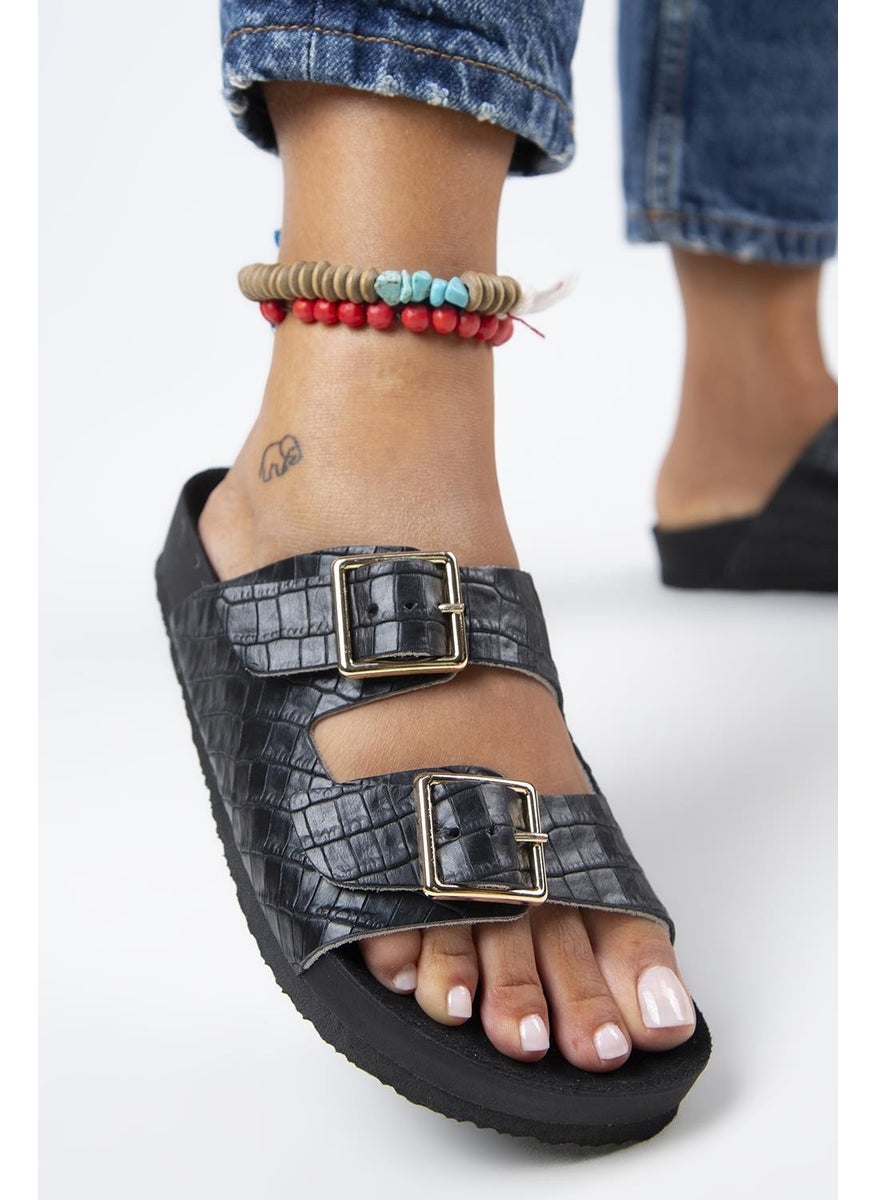 Manijero Anjelic Croco Women's Leather Double Buckled Black Slippers  - Image 1