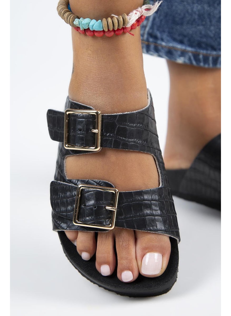 Manijero Anjelic Croco Women's Leather Double Buckled Black Slippers  - Image 5
