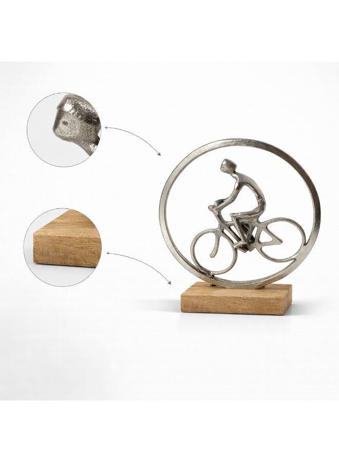 Handmade Aluminium Cycle Man Decorative Sculpture, Silver coated  with Wood Base - Image 4