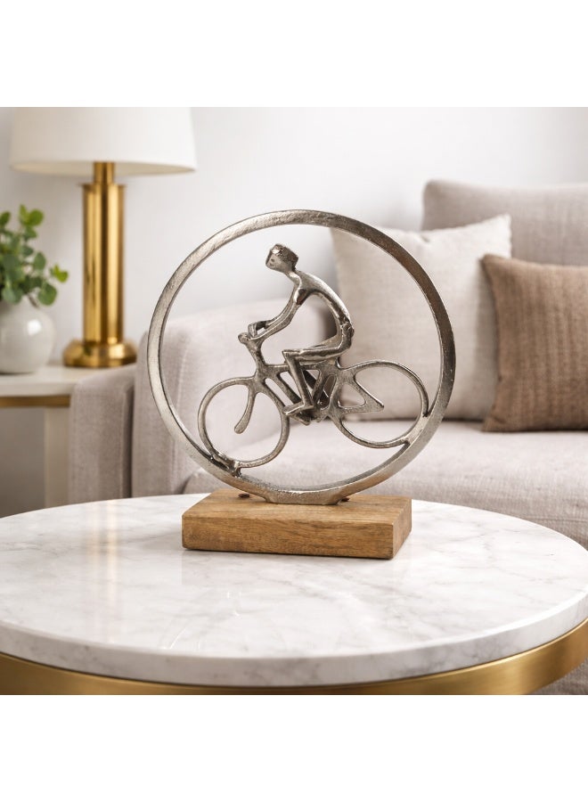 Handmade Aluminium Cycle Man Decorative Sculpture, Silver coated  with Wood Base - Image 5