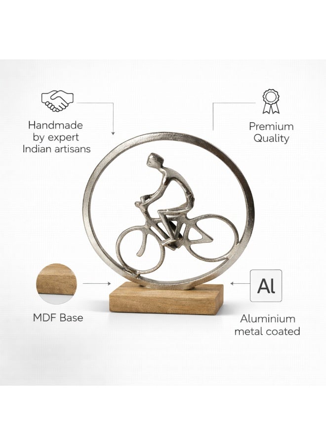 Handmade Aluminium Cycle Man Decorative Sculpture, Silver coated  with Wood Base - Image 3