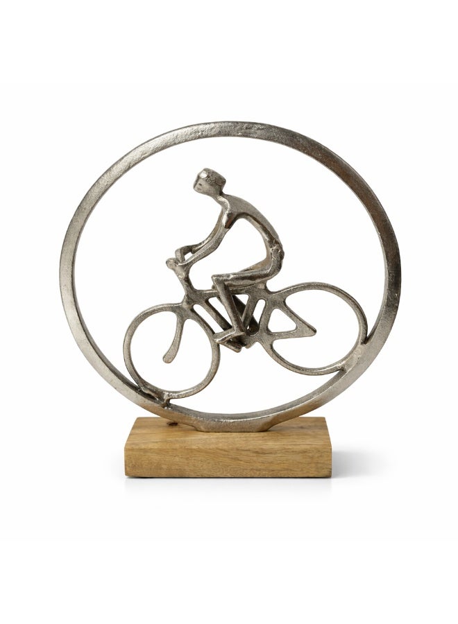 Handmade Aluminium Cycle Man Decorative Sculpture, Silver coated  with Wood Base - Image 2