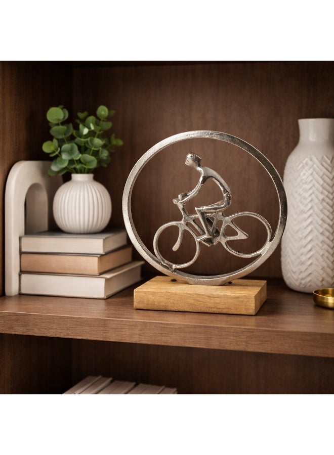 Handmade Aluminium Cycle Man Decorative Sculpture, Silver coated  with Wood Base - Image 1