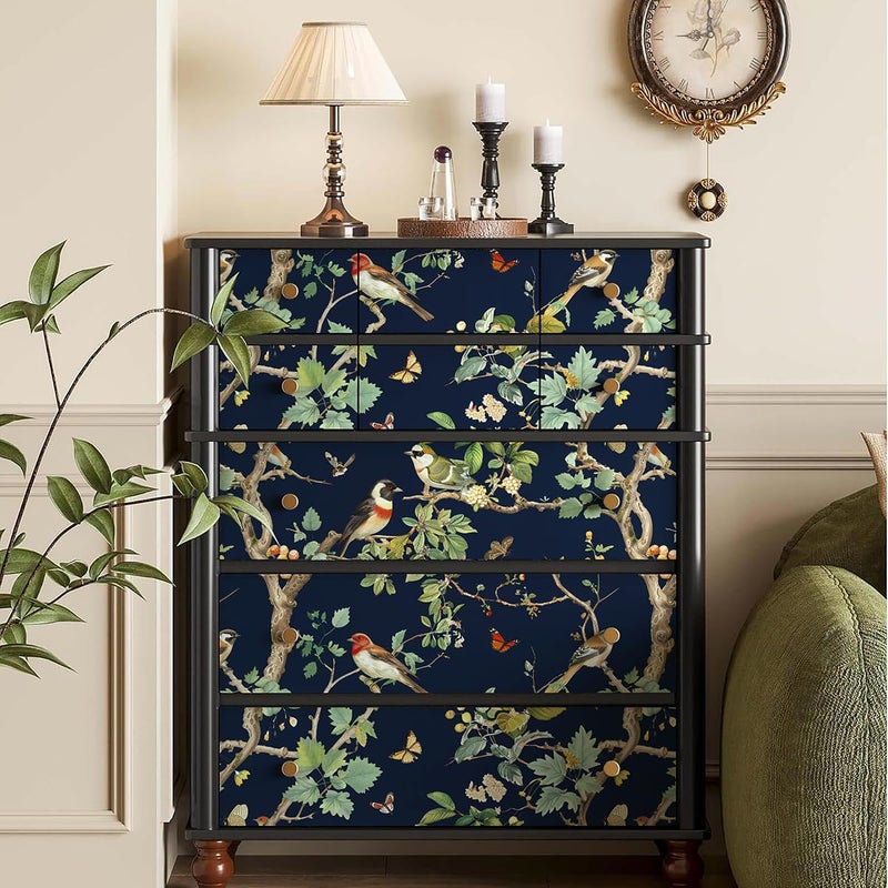 Nukofal Dark Bird Peel and Stick Wallpaper Vintage Floral Contact Paper 16.9inch x 118.1inch Dark Floral Wallpaper Peel and Stick Boho Self Adhesive Removable Wall Paper for Cabinets Bathroom Decor - Image 3