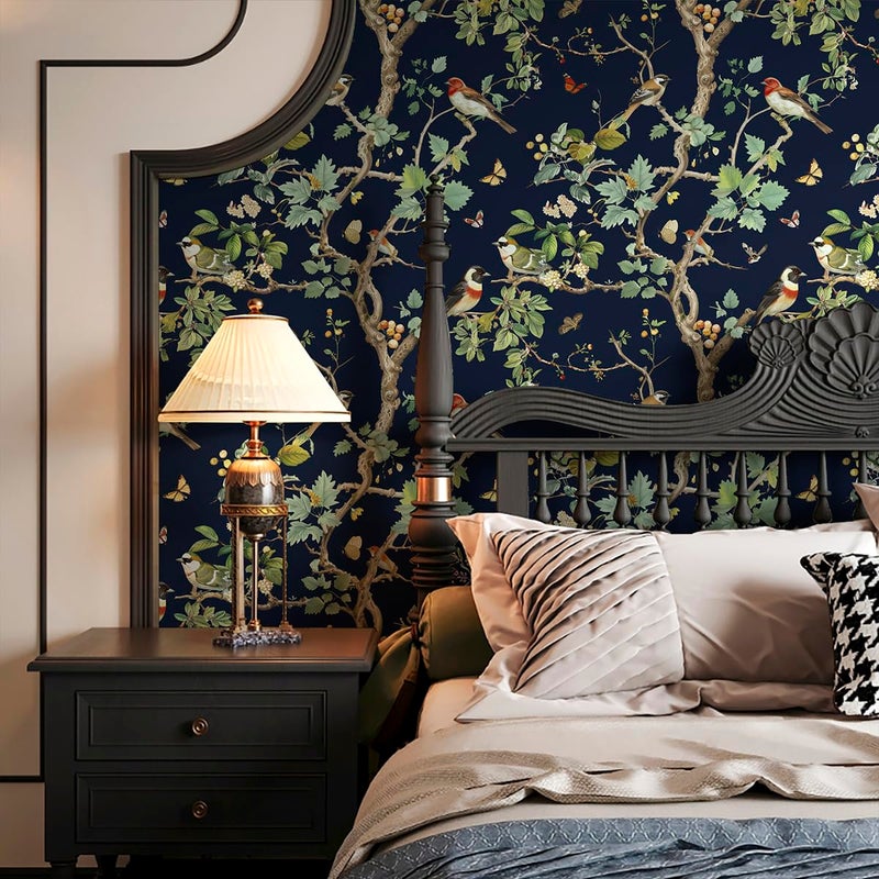 Nukofal Dark Bird Peel and Stick Wallpaper Vintage Floral Contact Paper 16.9inch x 118.1inch Dark Floral Wallpaper Peel and Stick Boho Self Adhesive Removable Wall Paper for Cabinets Bathroom Decor - Image 2