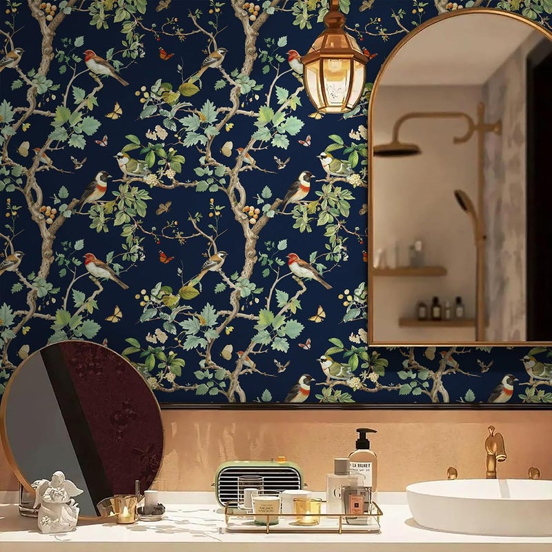 Nukofal Dark Bird Peel and Stick Wallpaper Vintage Floral Contact Paper 16.9inch x 118.1inch Dark Floral Wallpaper Peel and Stick Boho Self Adhesive Removable Wall Paper for Cabinets Bathroom Decor - Image 4