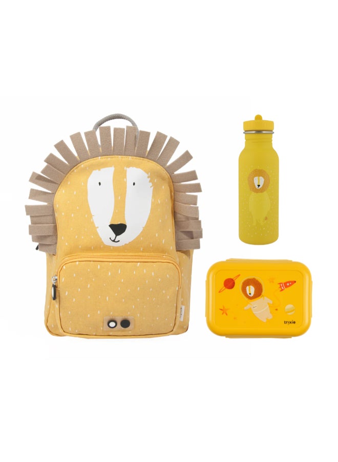 Trixie School Essential Set of 3 - Backpack Regular + Leakproof Kids Lunch Box with Clips + SS Bottle 500ml - Mr. Lion - Image 1