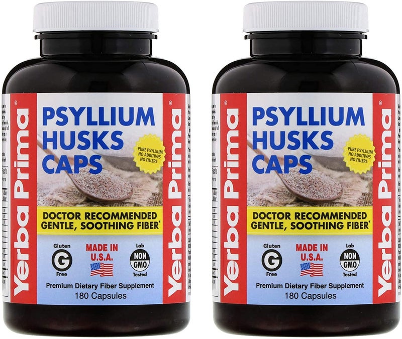 Yerba Prima Psyllium Husks Caps 180 caps Pack of 2 Natural Fiber Supplement and Colon Cleanse Gut Health NonGMO Gluten Free
