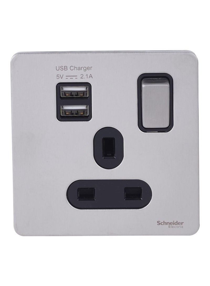 Schneider مقبس مفاتيح براغي نهائي من شنايدر إلكتريك مع منفذي USB مزدوجين، 13A، من الفولاذ المقاوم للصدأ والأسود - GGBGU34102USBABSS