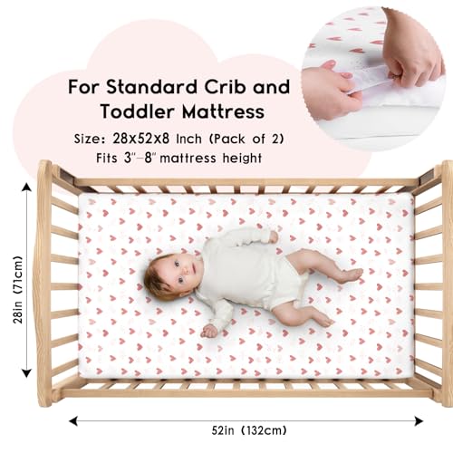 Yoofoss Baby Crib Sheets for Boys Girls, Fitted Crib Sheet 2 Pack for Standard Crib and Toddler Mattress, Super Soft Microfiber Baby Sheet 28x52x8in Pink+Love - Image 2