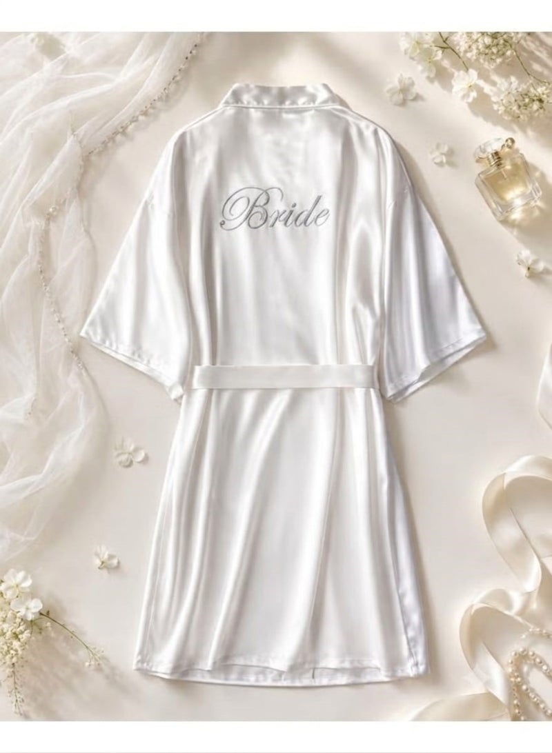 A short white bridal robe—soft and elegant, featuring the word "Bride"—perfect for wedding preparations. - Image 2