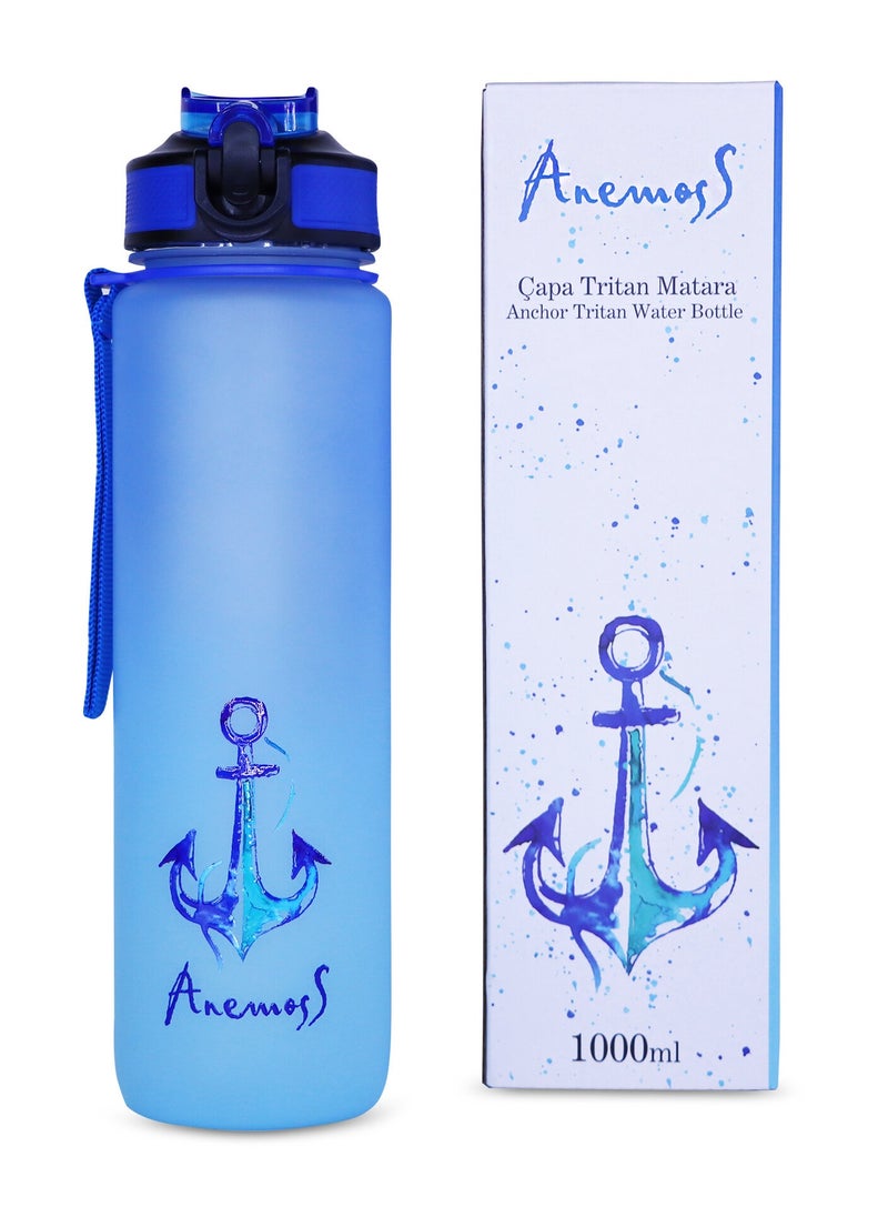 ANEMOSS Anchor Tritan Water Bottle, 1000 ml / 33.8 oz, High-Quality Material, Exclusive Design, Multi-functional and Durable, BPA-Free, Portable with Strap Attachment, Suitable for Sports and Travel, Blue Color