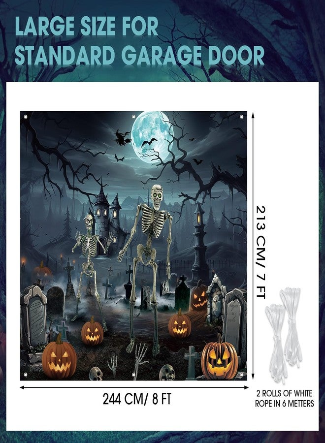 Blosssound 7x8 FT Halloween Garage Door Cover - Spooky Graveyard Scene with Skeletons, Pumpkins & Haunted Buildings - Outdoor Scary Backdrop Decoration for Yard, Porch, Party, Photo Booth - Image 2