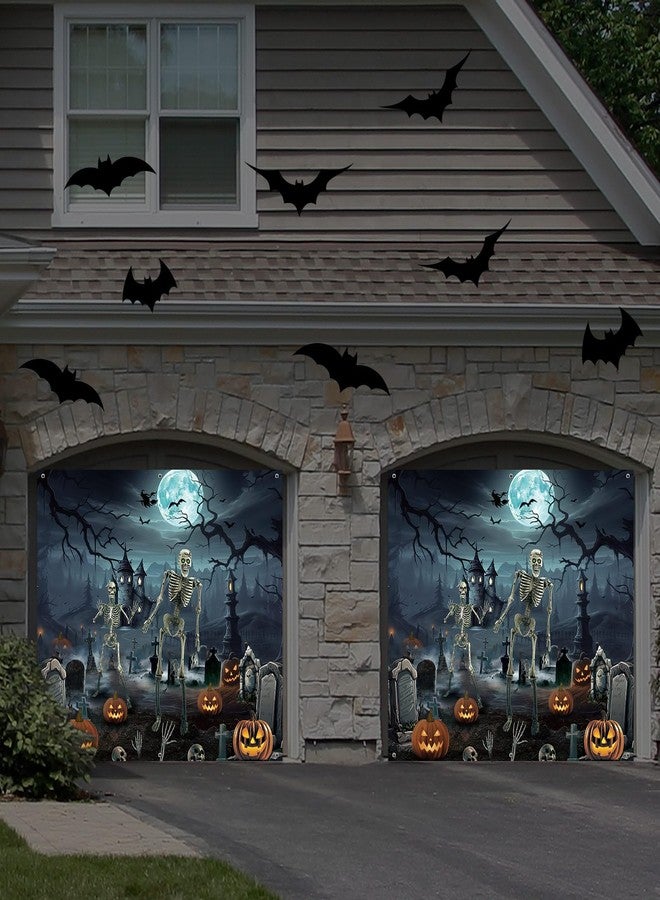 Blosssound 7x8 FT Halloween Garage Door Cover - Spooky Graveyard Scene with Skeletons, Pumpkins & Haunted Buildings - Outdoor Scary Backdrop Decoration for Yard, Porch, Party, Photo Booth - Image 4