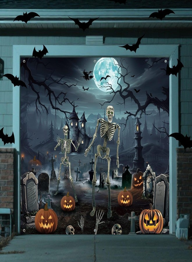 Blosssound 7x8 FT Halloween Garage Door Cover - Spooky Graveyard Scene with Skeletons, Pumpkins & Haunted Buildings - Outdoor Scary Backdrop Decoration for Yard, Porch, Party, Photo Booth - Image 1