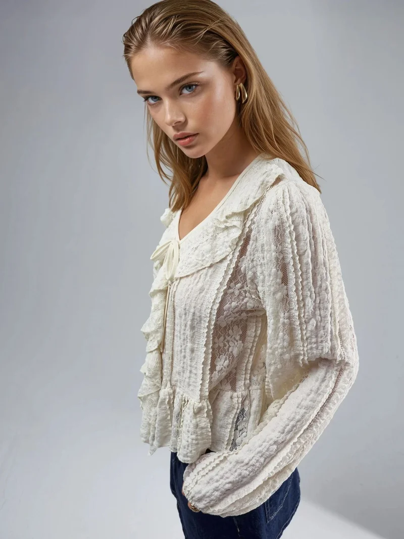 Busem BUSEM Frilly Lace V-Neck Tie Shirt