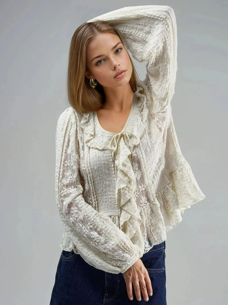 Busem BUSEM Frilly Lace V-Neck Tie Shirt