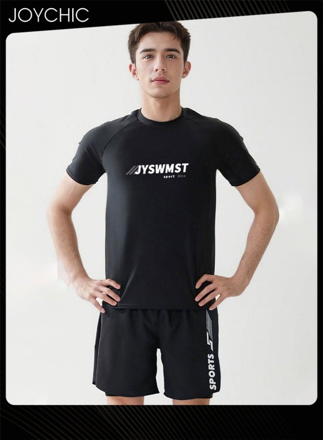 Joychic طقم ملابس رياضية للرجال مكون من قطعتين بأكمام قصيرة وياقة دائرية، تصميم فضفاض، مناسب للصيف، سريع الجفاف، مجموعة حماية من الشمس مع شورت مزدوج الطبقة للأنشطة الخارجية - Image 2