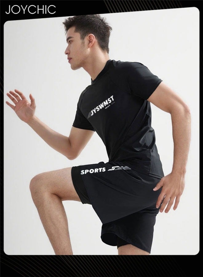 Joychic طقم ملابس رياضية للرجال مكون من قطعتين بأكمام قصيرة وياقة دائرية، تصميم فضفاض، مناسب للصيف، سريع الجفاف، مجموعة حماية من الشمس مع شورت مزدوج الطبقة للأنشطة الخارجية - Image 3