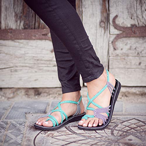 Plaka Palm Leaf Flat Summer Sandals for Women | Perfect for The Beach Walking & Dressy Occasions | Turquoise Zebra | Size 9 - Image 5