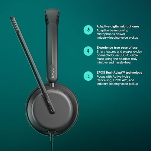 EPOS سماعة رأس سلكية مزدوجة الجانب EPOS Impact 860T مع إلغاء الضوضاء النشط، معتمدة من Microsoft Teams، USB C و USB A، صوت عريض للغاية، مثالية لمكالمات المكتب، Zoom، العمل من المنزل والهجين - Image 3