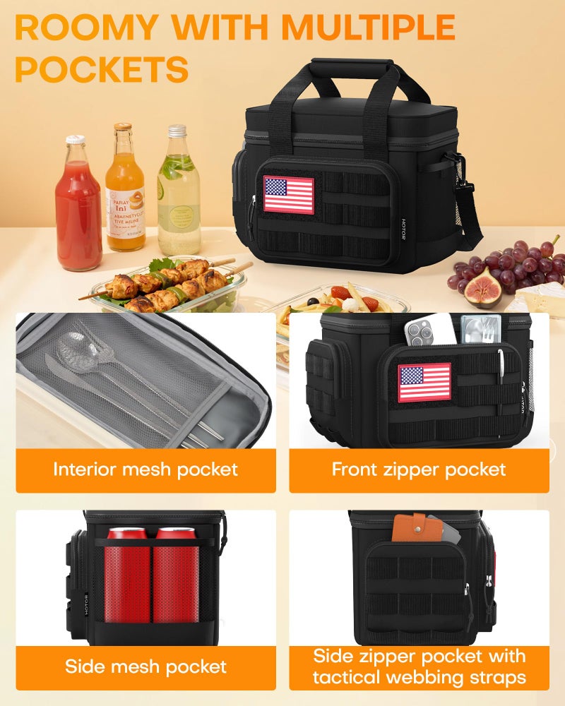 HOTOR Lunch Box for Men & Women - Insulated Lunch Bag with Multiple Pockets, Tactical Cooler Bag for Work, Hiking, Camping, Fishing, Travel, Black, 11.0" x 8.3" x 7.1" - Image 2