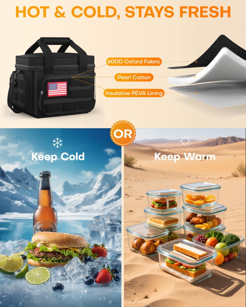 HOTOR Lunch Box for Men & Women - Insulated Lunch Bag with Multiple Pockets, Tactical Cooler Bag for Work, Hiking, Camping, Fishing, Travel, Black, 11.0" x 8.3" x 7.1" - Image 3