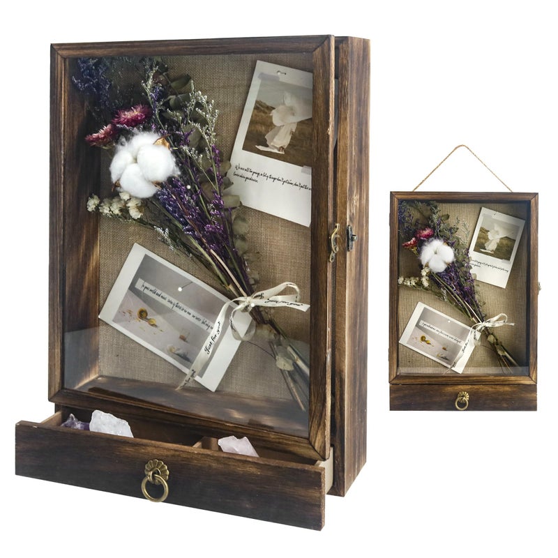 Hodeframe Wedding Shadow Box Frame with Drawer, 2.6" Deep Shadow Box Display Case with Real Glass, Wooden Memory Box for Pictures, Memorial, Medals, Flowers, Wedding Bouquet for Wall or Tabletop Brown - Image 1